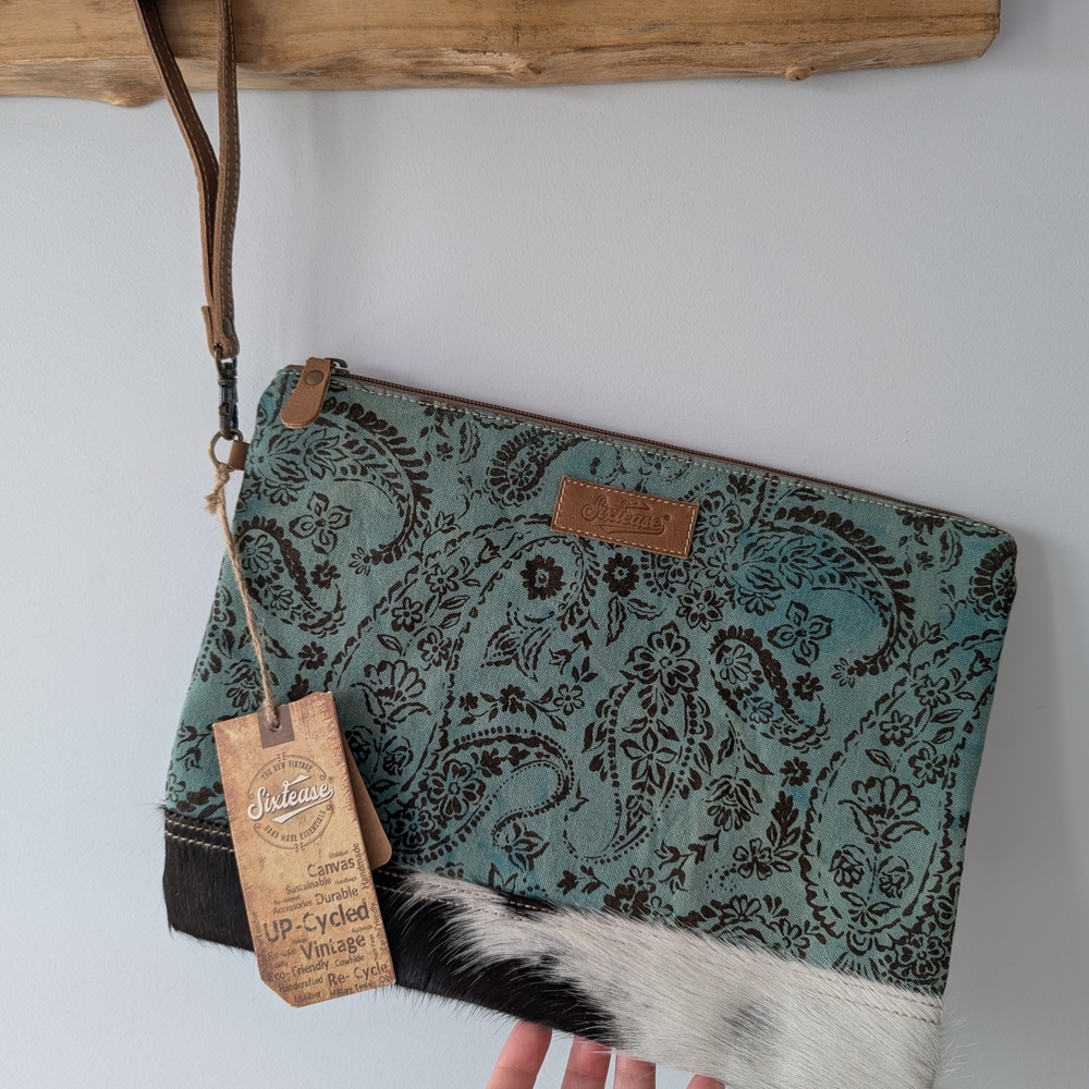 Greenish Blue And Brown Paisley Wristlet Clutch